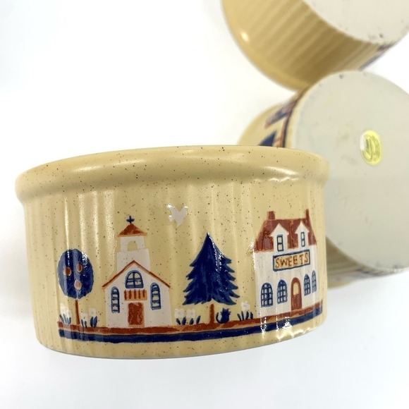 Vintage 80s Set of Four Ramekins Souffle Casserole Bowls Tan Country Village - Picture 6 of 11